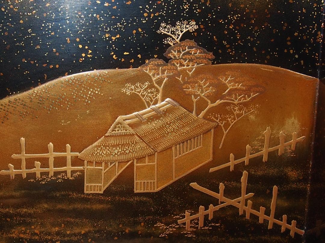 【骨董・時代の美品】大名道具 宝箱 山水蒔絵 箱物/蓋物/菓子器/容器 金縁隅切