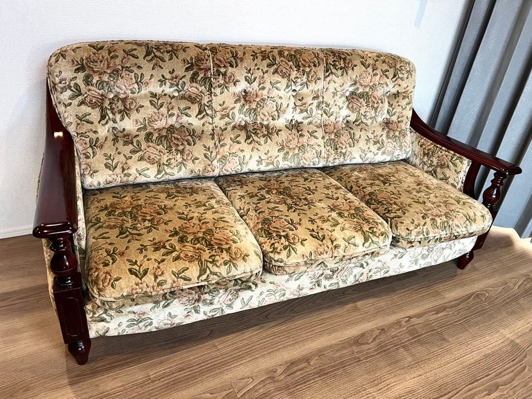 オールドカリモク 3Pソファ／花柄ファブリック／ヴィンテージ