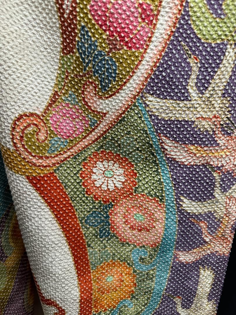 藤娘きぬたや 総絞り 白地 波鶴橘 小紋バック振袖 長襦袢2点セット