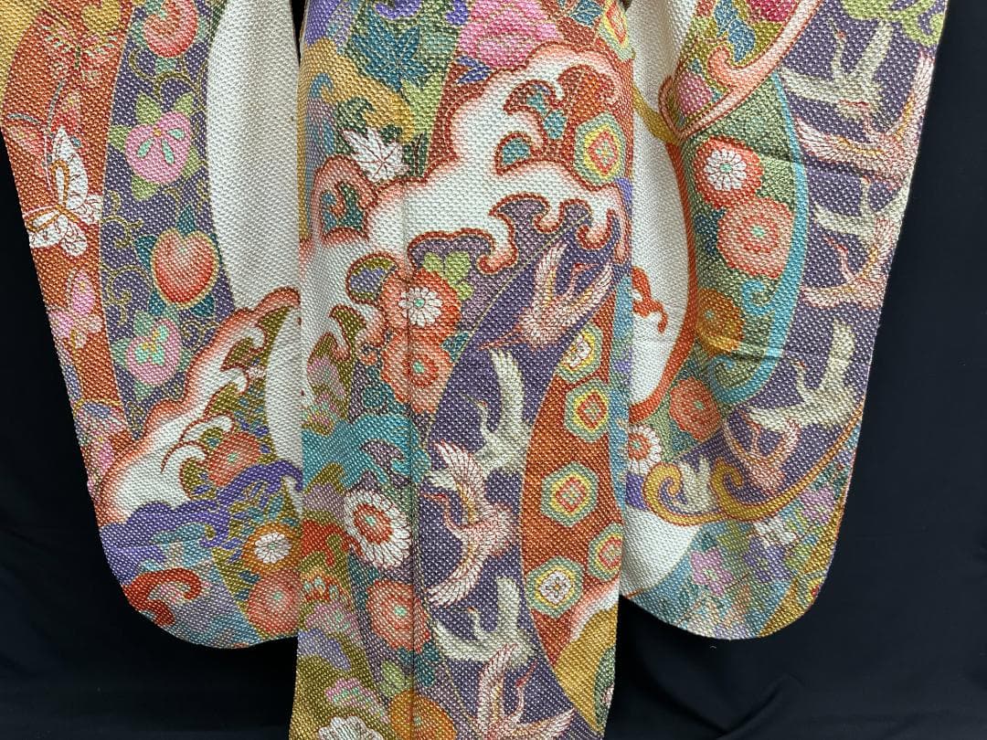 藤娘きぬたや 総絞り 白地 波鶴橘 小紋バック振袖 長襦袢2点セット