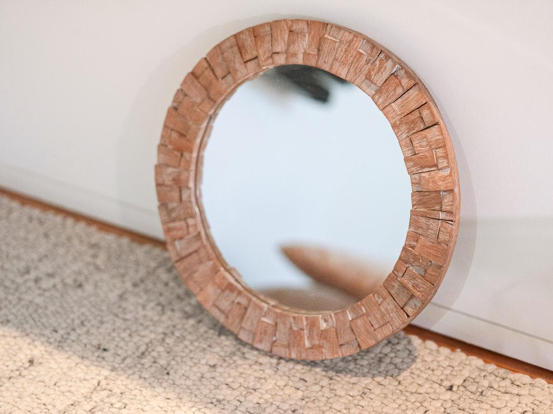 バリ島買付 木製フレーム 丸鏡 直径53cm｜ナチュラル ウォールミラー
