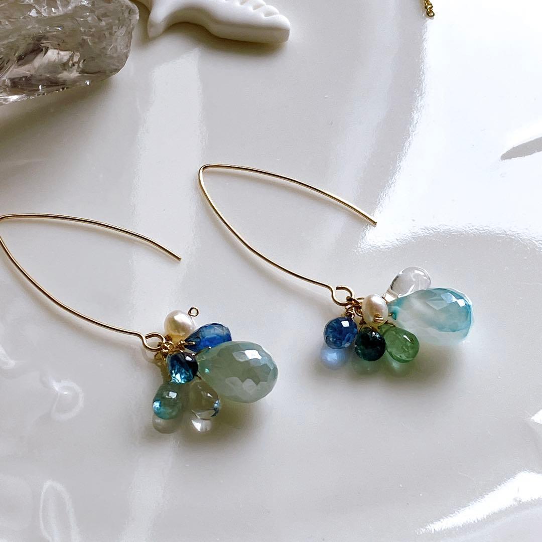 マルモ◆ラフカット✧インカローズ×淡水パールアシンメトリーピアス