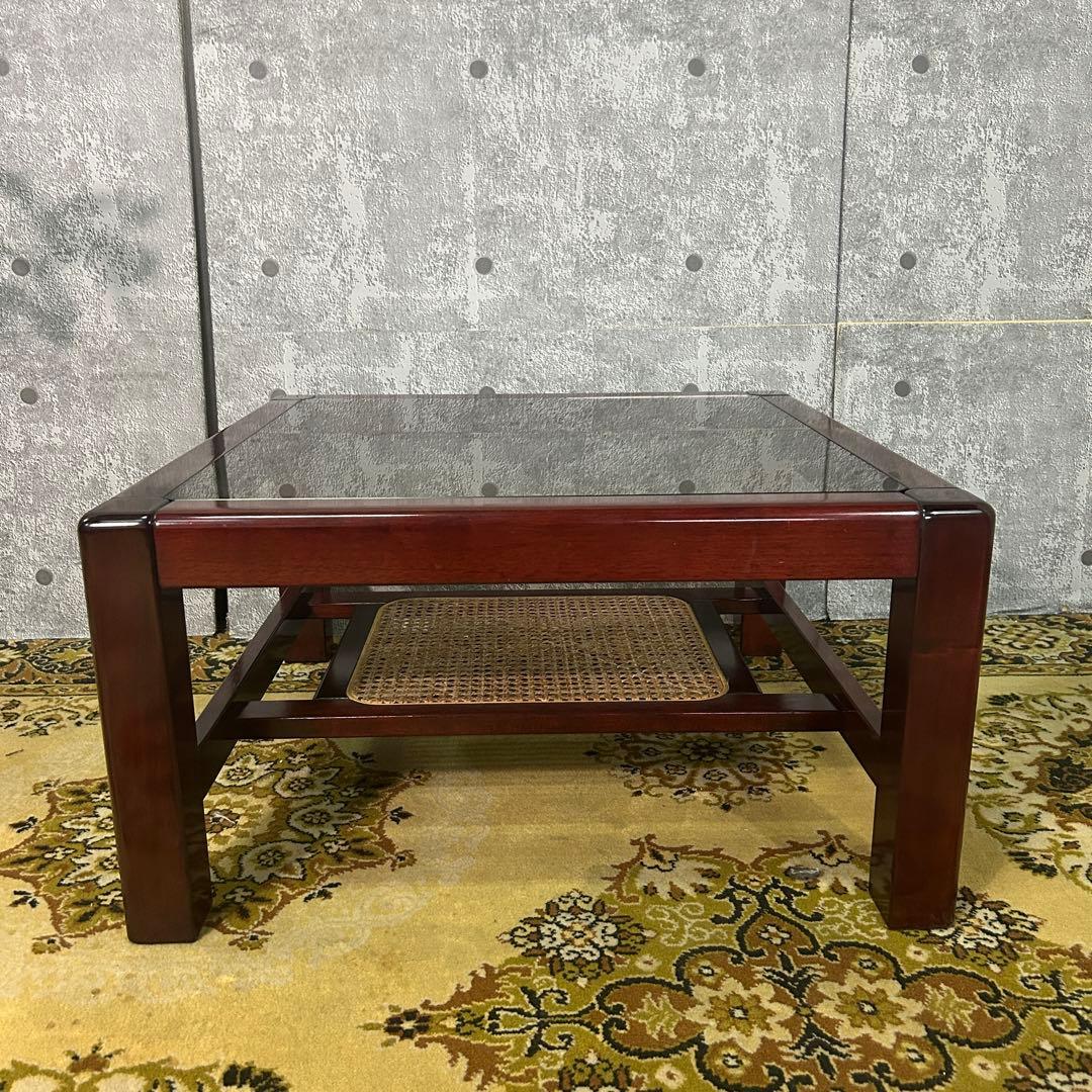 ꧁昭和レトロ꧂ラタン収納スペース付スクエアガラステーブル 机 籐 センター ロー