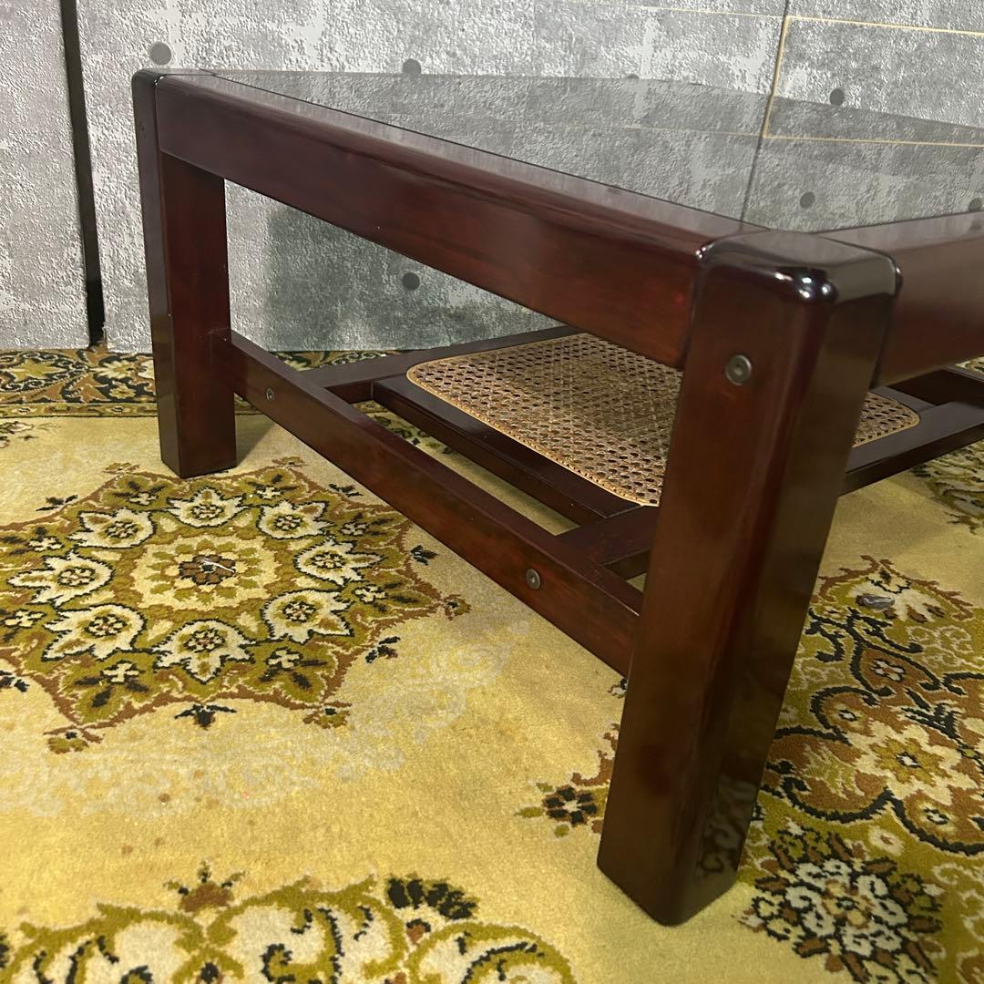 ꧁昭和レトロ꧂ラタン収納スペース付スクエアガラステーブル 机 籐 センター ロー