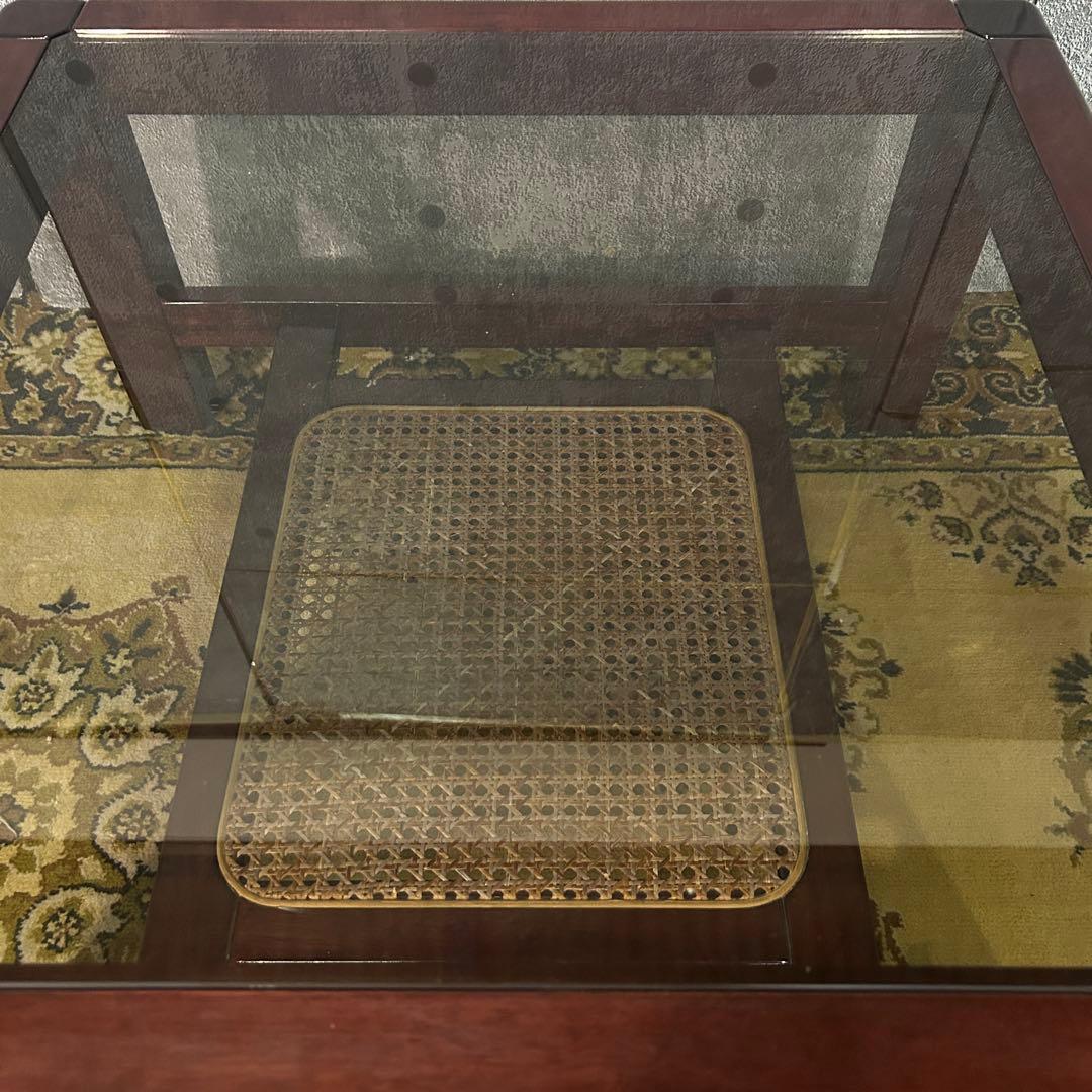 ꧁昭和レトロ꧂ラタン収納スペース付スクエアガラステーブル 机 籐 センター ロー