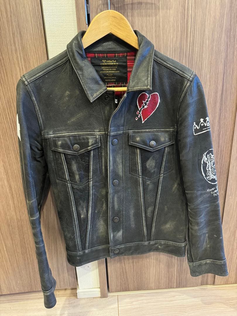 レザー デニムジャケット風 ハート刺繍 HOSU ゴートレザー ヴィンテージ加工