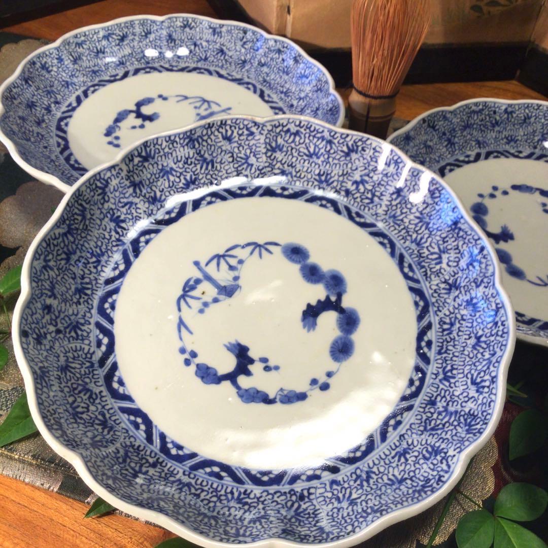 A781 古伊万里　上手　微塵唐草紋様　輪花型　7寸皿　5枚