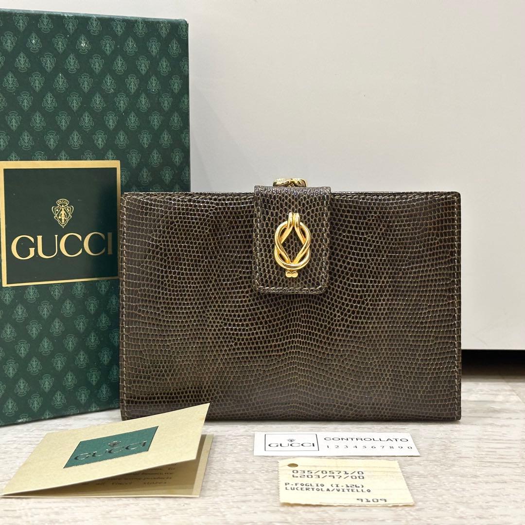 【極美品】オールドグッチ リザードレザー 二つ折り財布 がま口 ノットモチーフ