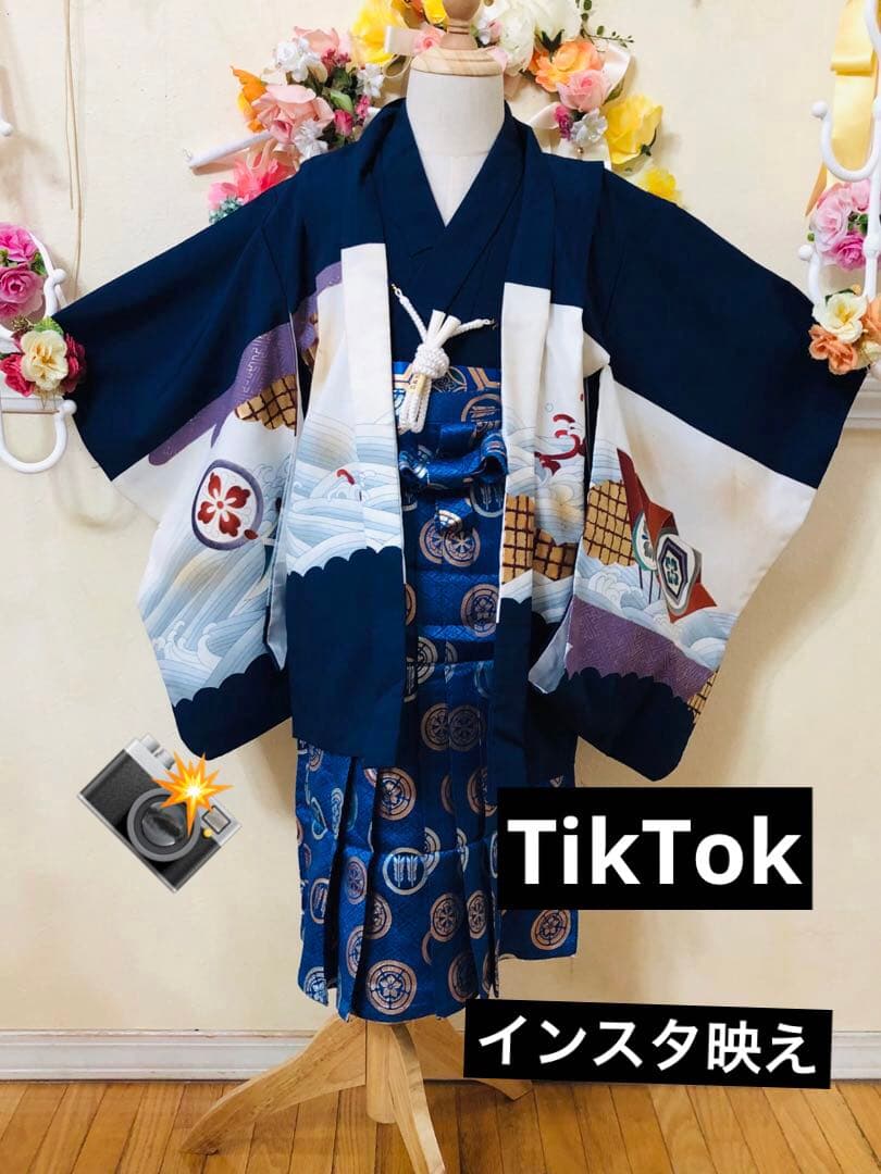 七五三５歳完全フルセット‼️豪華青系鷹金彩煌びやか⭐︎豪華金蘭刺繍袴銘品