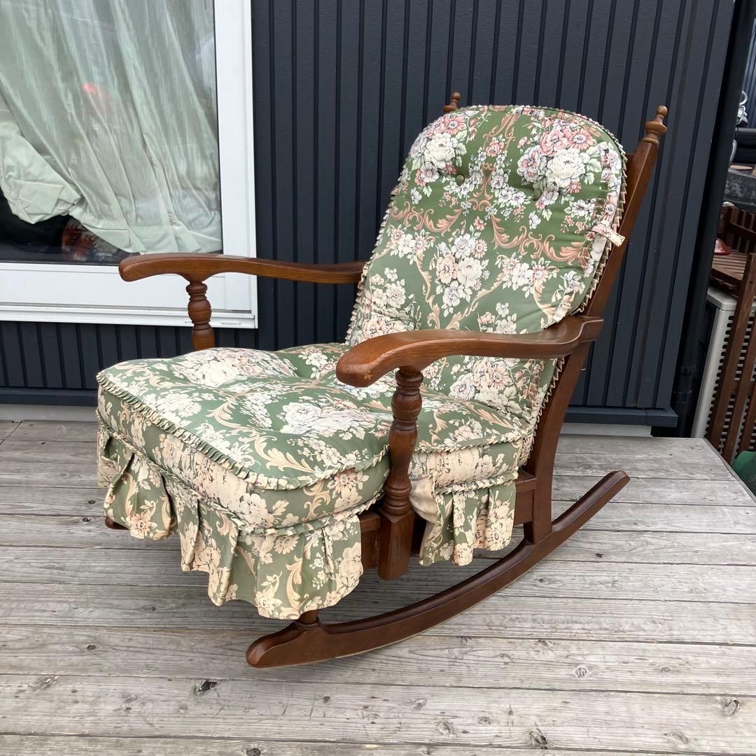 ヴィンテージ 飛騨産業 キツツキ 木製フレーム 花柄ロッキングチェア 古家具