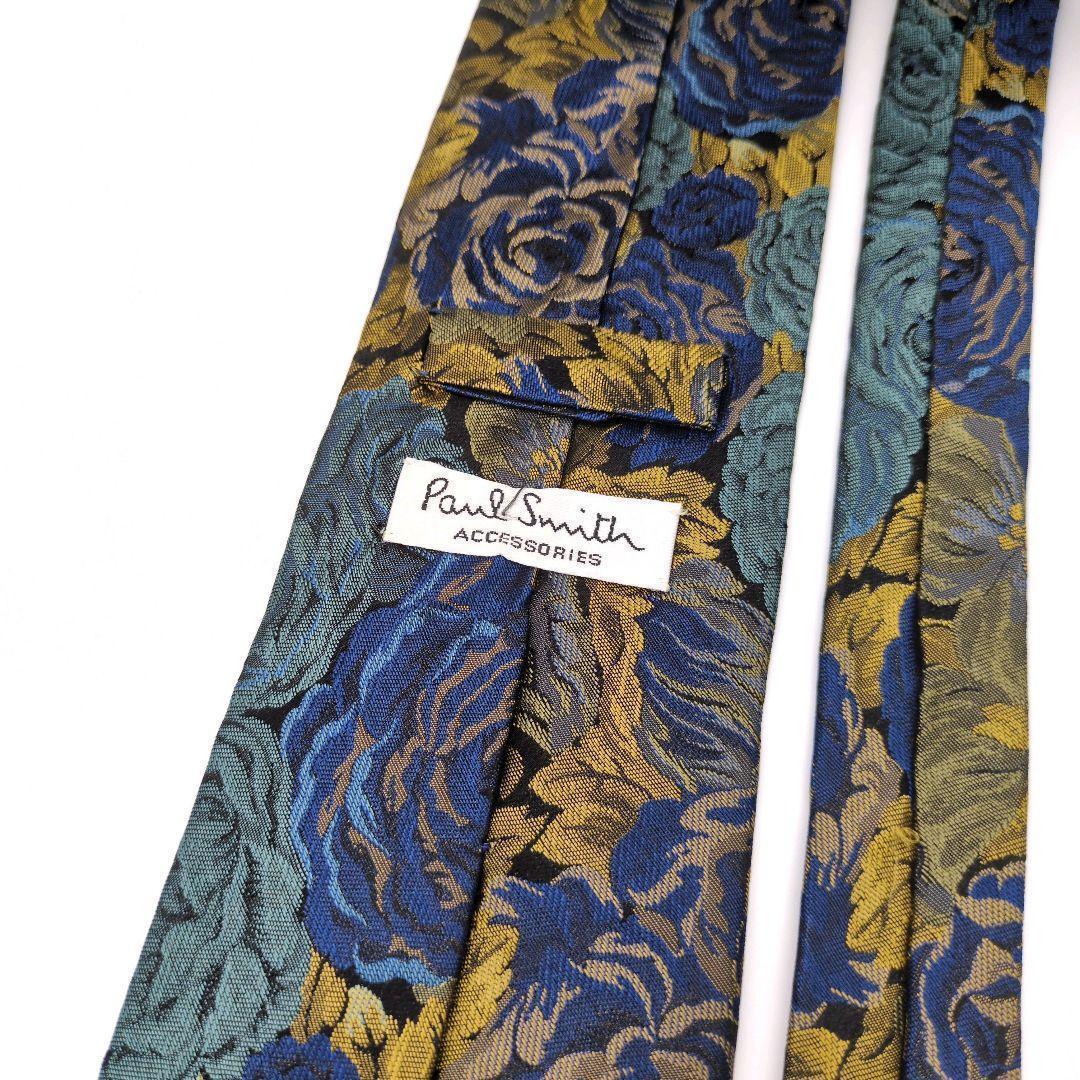【美品】ポールスミス ネクタイ ブルー ゴールド 花柄 光沢 高級【イギリス製】