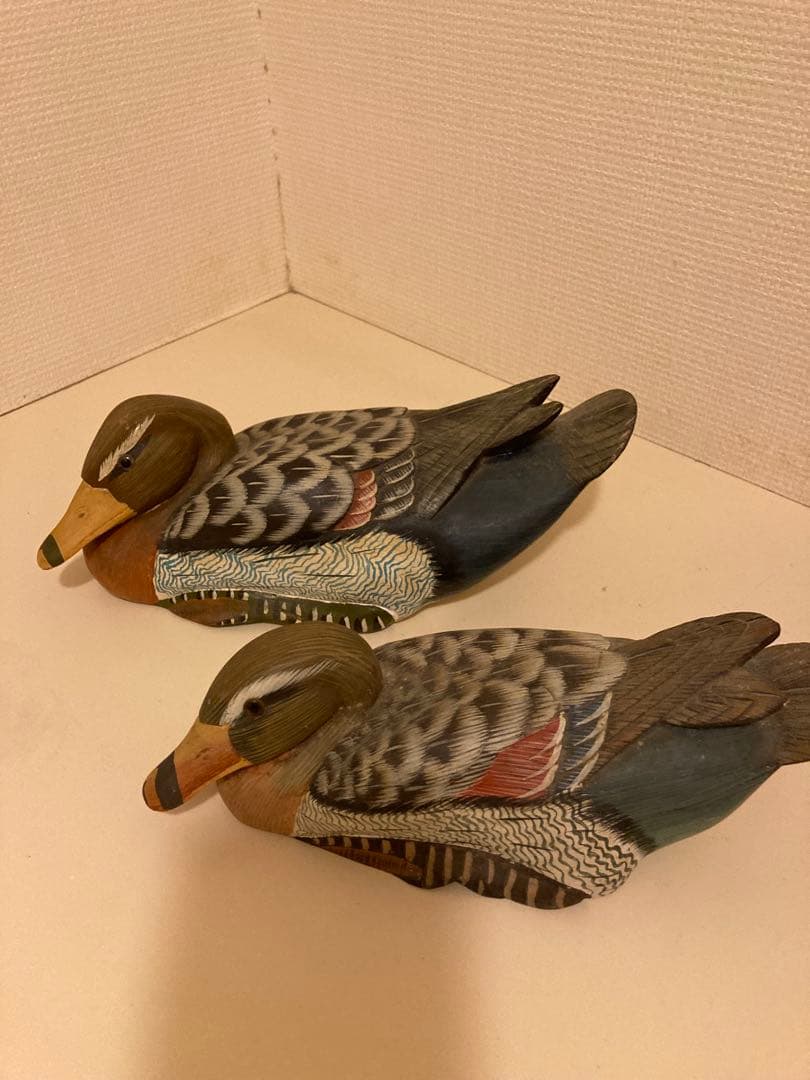 木製カモ手彫り彫刻 2体セット