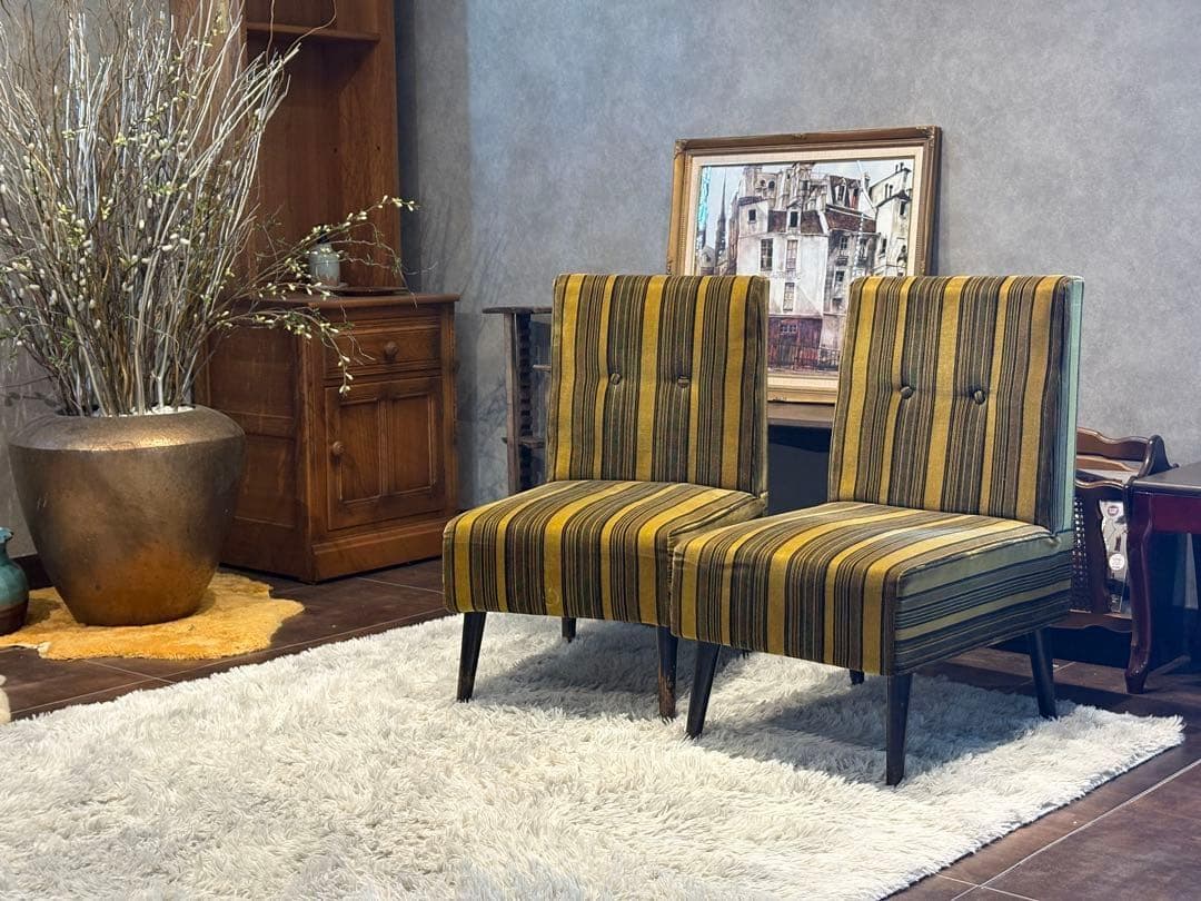 ストライプチェア シングルソファ ファブリック アンティーク ビンテージ SZ