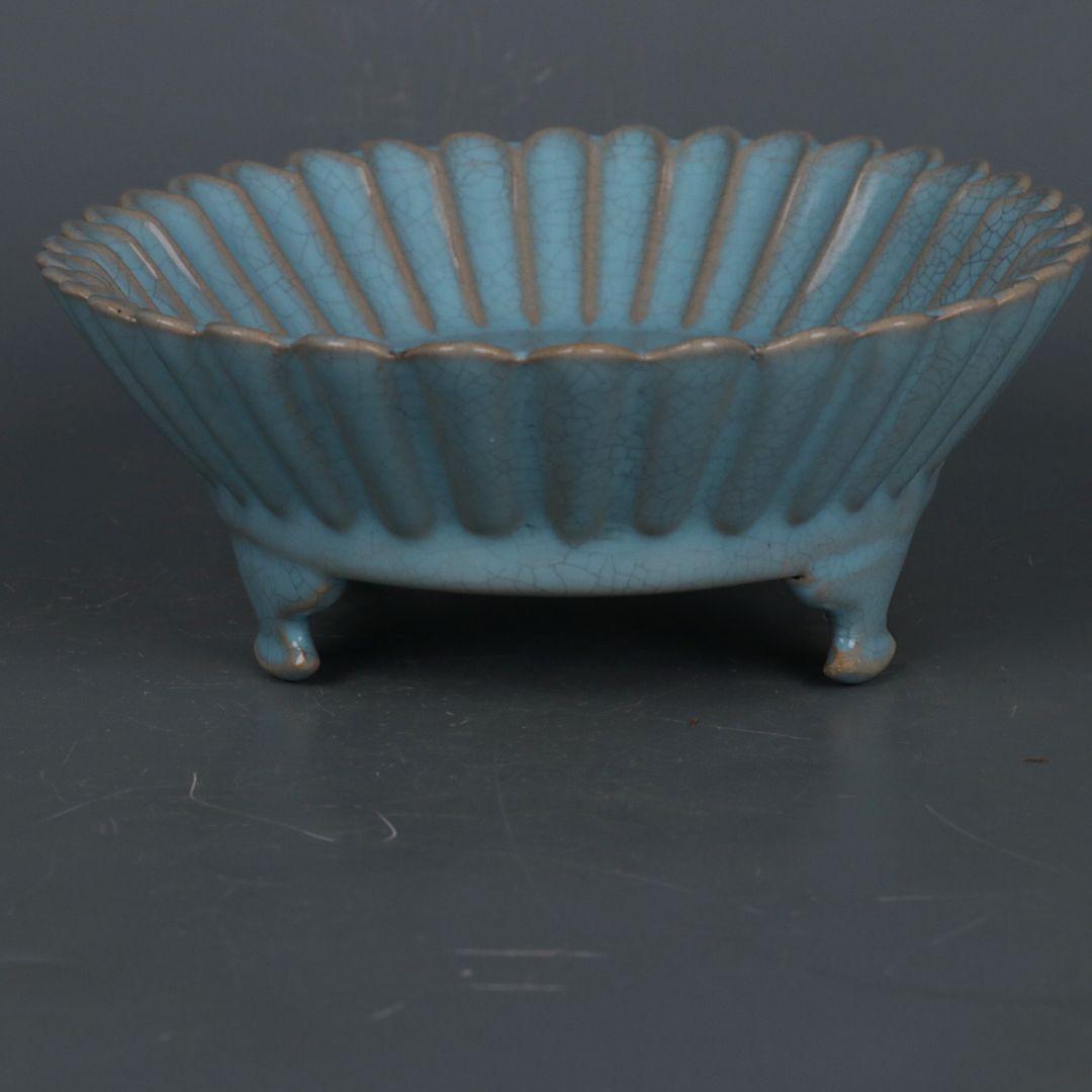 宋汝窯藍釉菊花弁水仙盆 筆洗 書道具 文房具 現代工芸品 美術品 置物