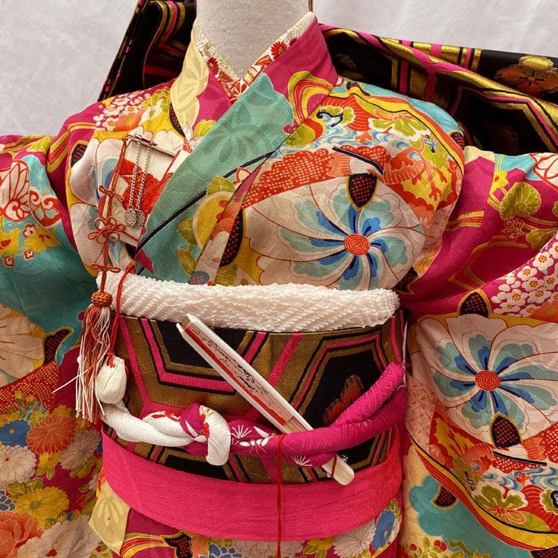 510ag25◎七五三 七歳 女児 アンティーク着物&袋帯&長襦袢 総柄◎