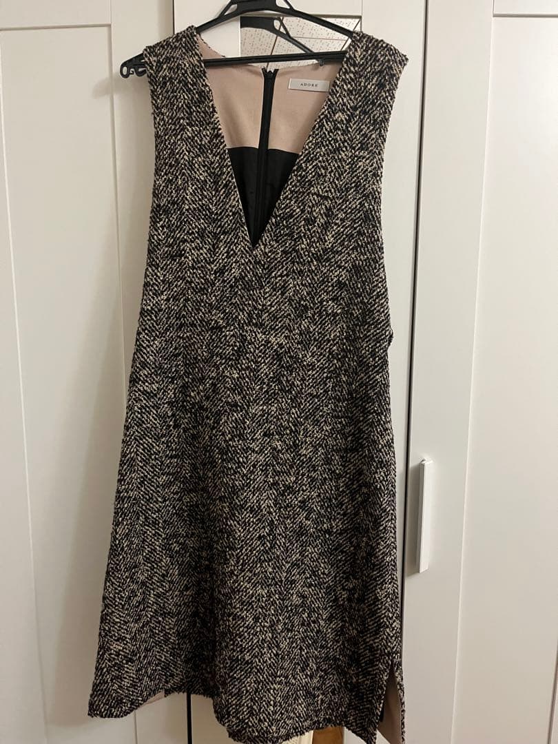 ツイード Vネック ノースリーブ ワンピース