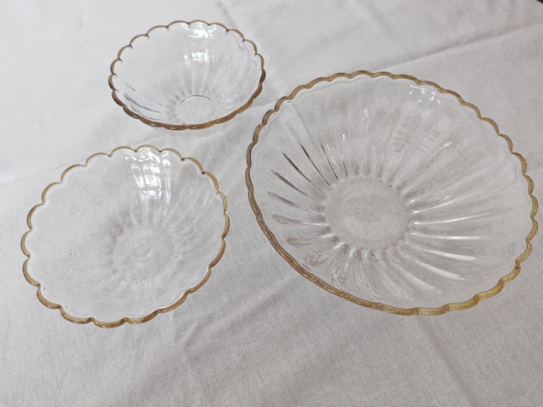 【美品】 田井将博 輪花モール鉢 3点セット 鉢 器 食器 ガラス ボウル 皿