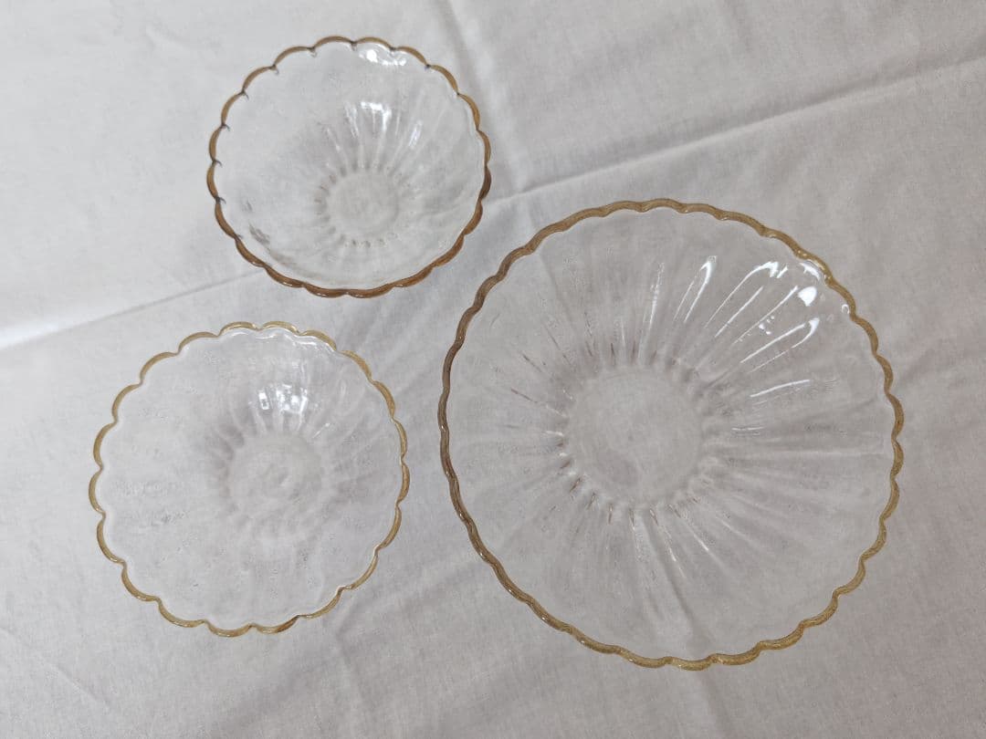 【美品】 田井将博 輪花モール鉢 3点セット 鉢 器 食器 ガラス ボウル 皿