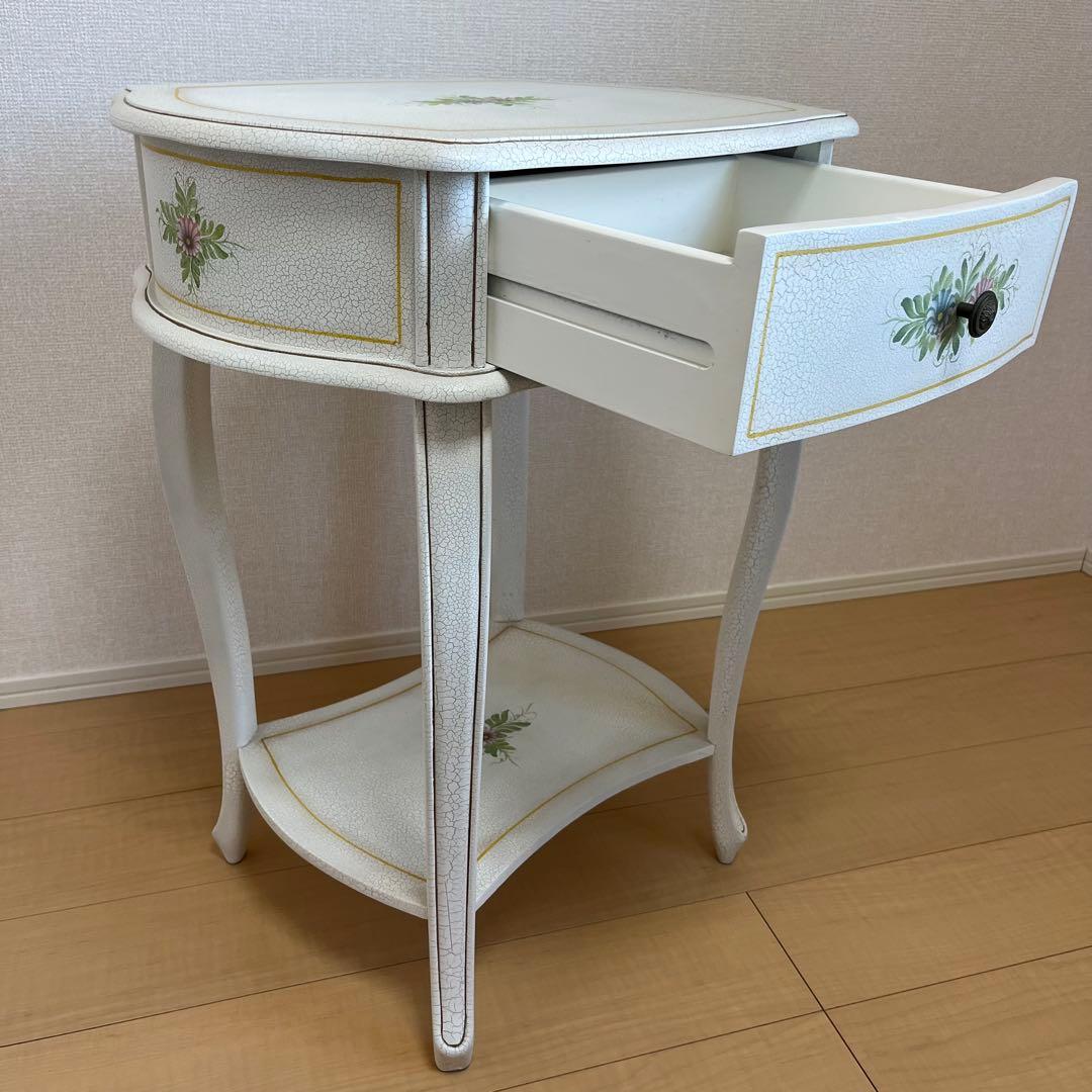 【希少】アンティーク調 フラワーペイント 猫脚サイドテーブル 引き出し付 北欧