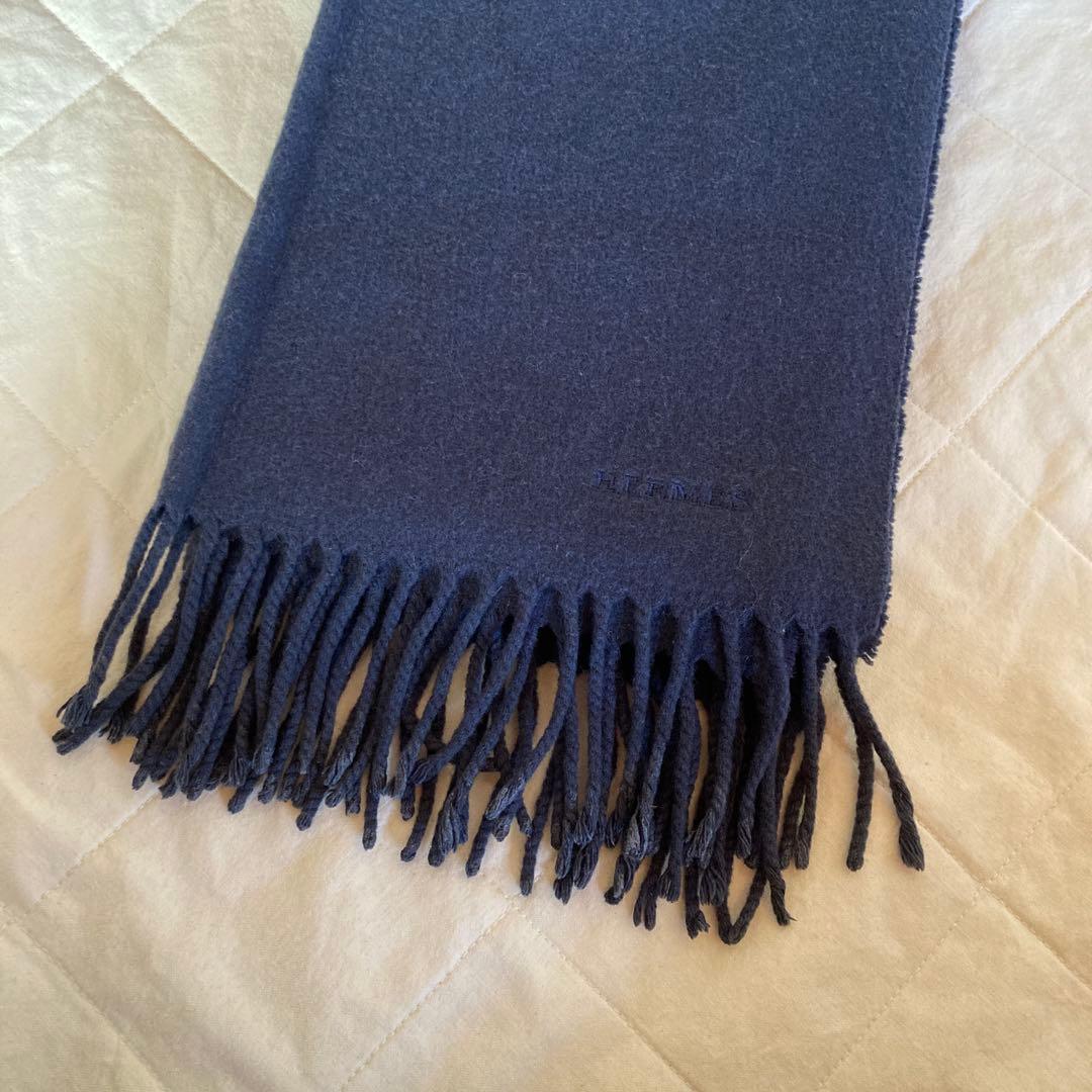 あすなら　HERMES ネイビーマフラー カシミア100