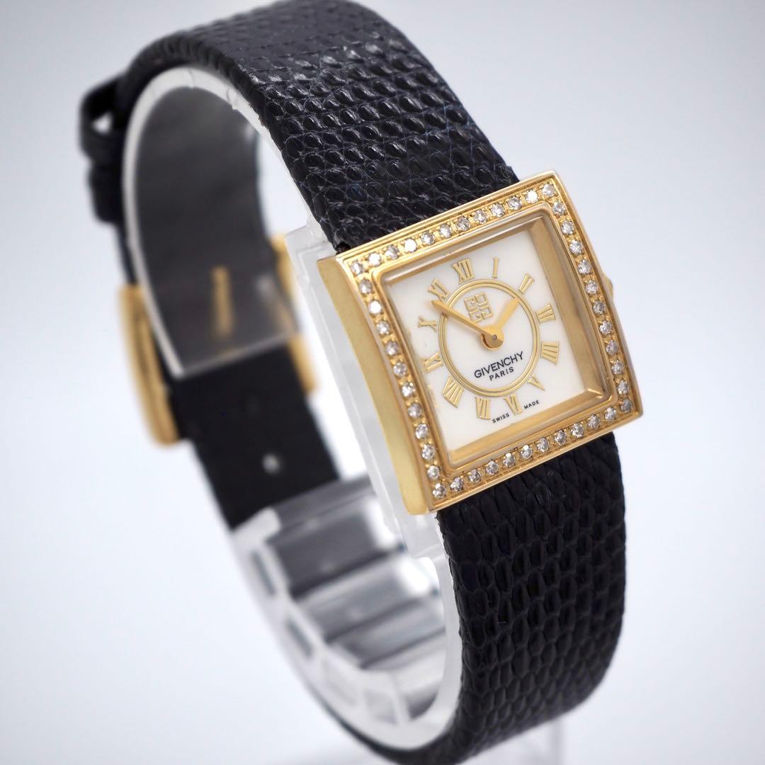 専用384 稼動【美品】GIVENCHY 時計　スクエア　ダイヤベゼル　ゴールド