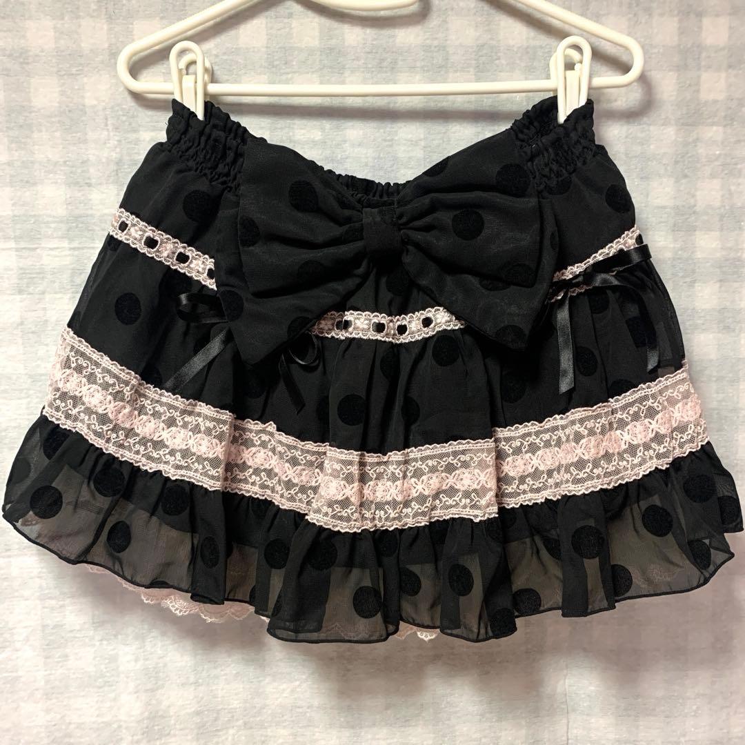 TRALALA 希少 ドット柄 リボン ブラックシフォンピンクレーススカパン