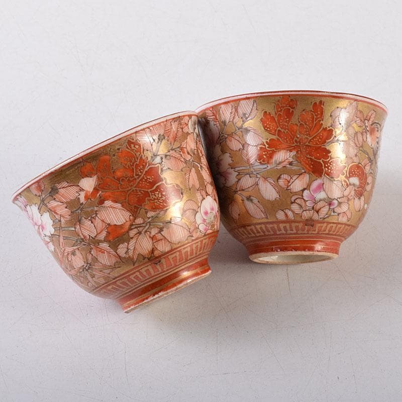 九谷焼　古九谷　赤絵金彩　花鳥文　煎茶碗　五客　D　R8651