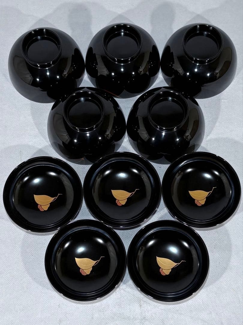 輪島塗　元岡光漆堂謹製　蒔絵師 静峰　塗師 清斉　椿蒔絵 吸物椀五客　美品　共箱