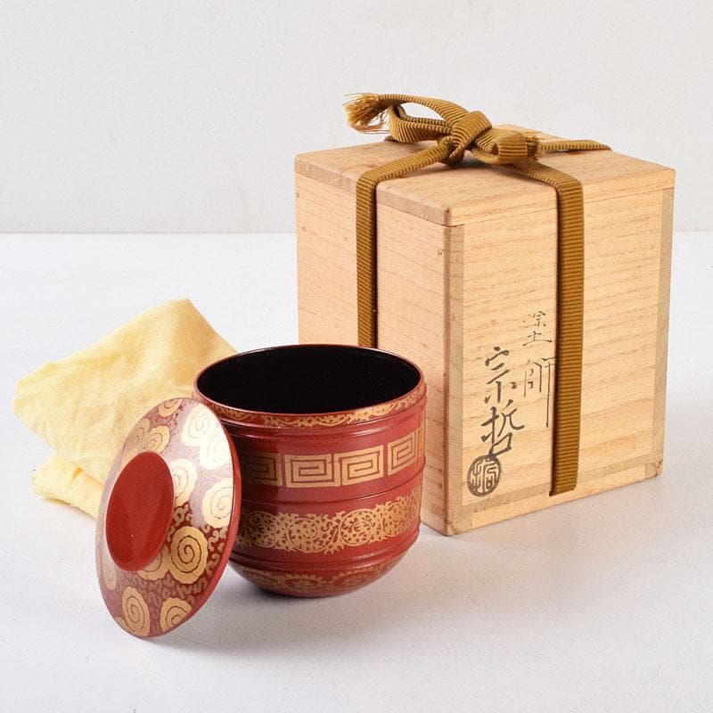 専用　茶道具　塗師中村宗哲作　朱唐草如心好　寸切茶器即中斎極め箱　M　R9252