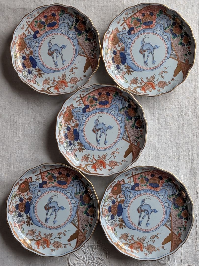 有田焼 中皿 5枚セット 色絵 金襴手 花鳥図
