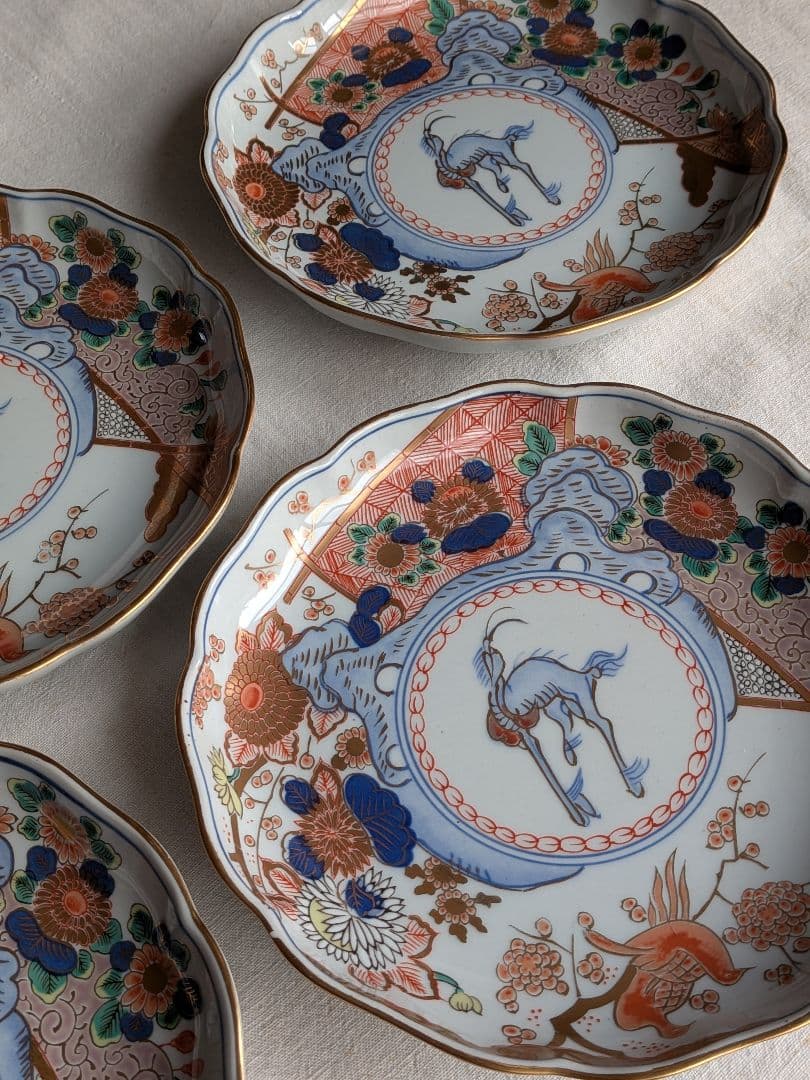有田焼 中皿 5枚セット 色絵 金襴手 花鳥図
