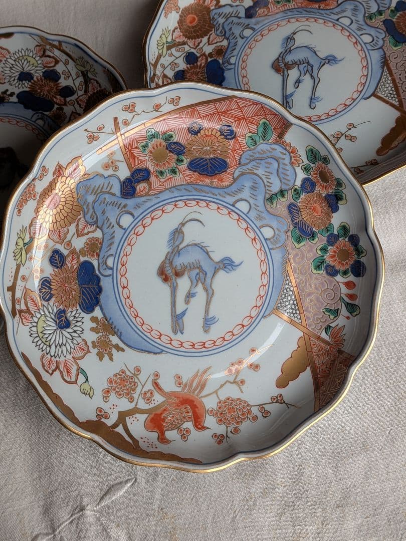 有田焼 中皿 5枚セット 色絵 金襴手 花鳥図