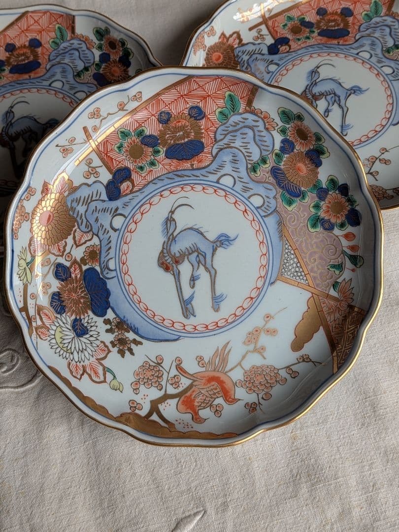 有田焼 中皿 5枚セット 色絵 金襴手 花鳥図