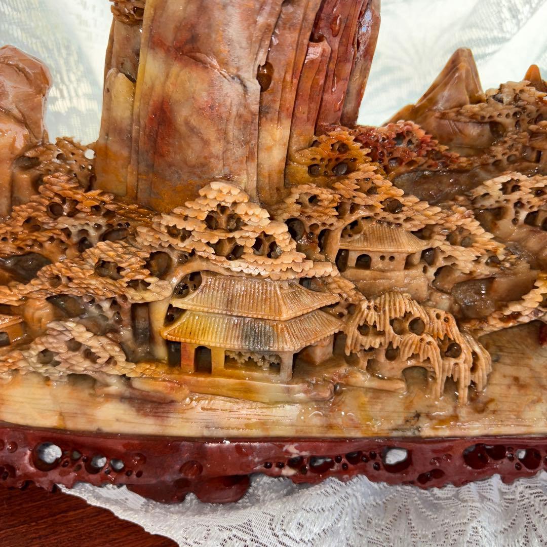 中国翡翠 彫刻 風景 船 山景色　置物　アート　40cm