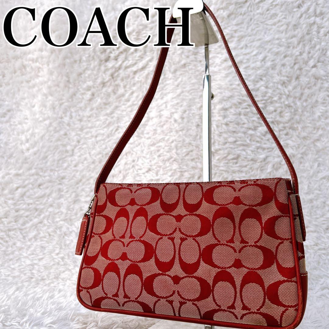 希少✨コーチ ショルダーバッグ アクセサリーポーチ キャンバス　赤　ハンドバッグ