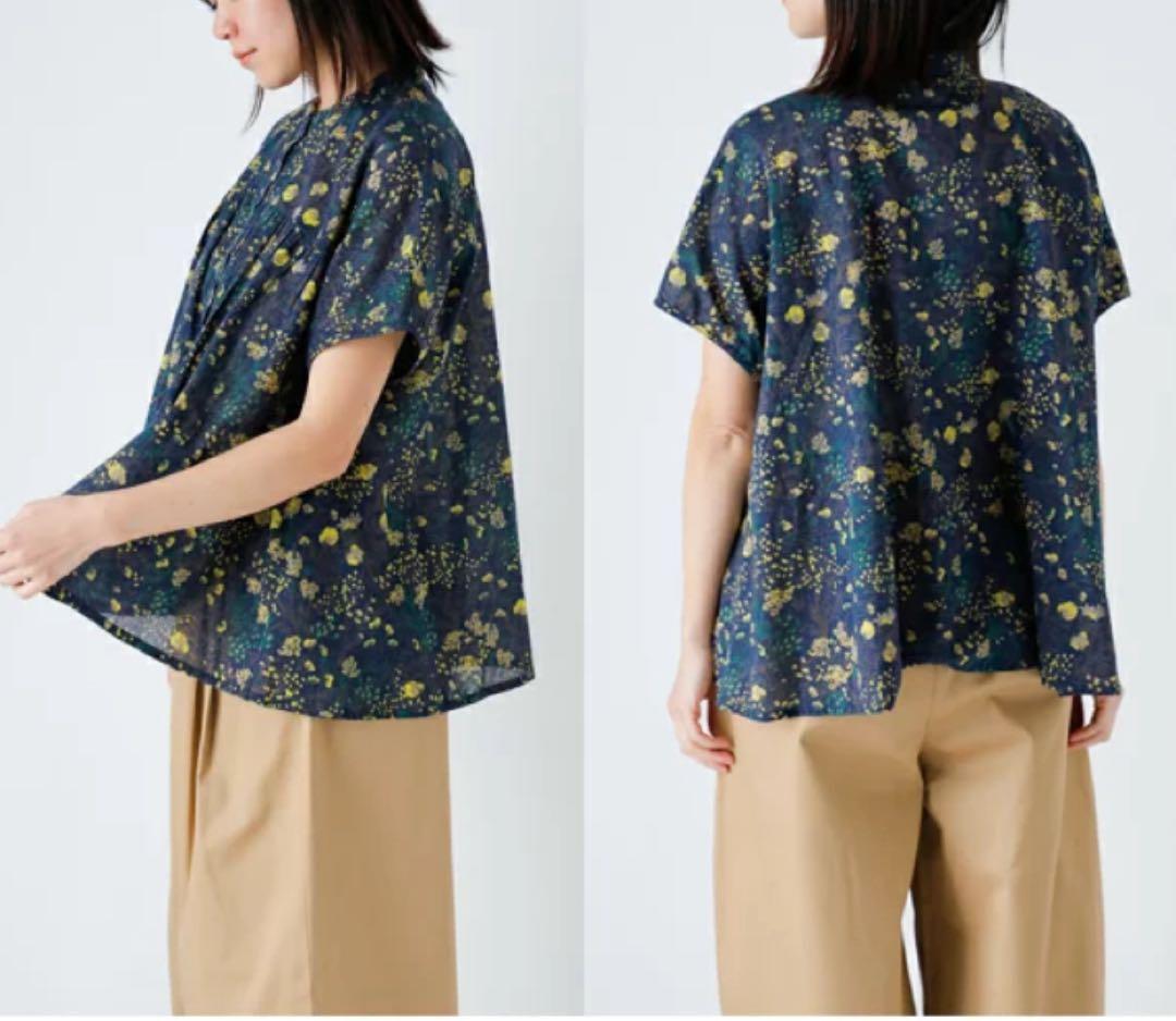 美品☆ SOIL コットン フラワープリント バンドカラー ギャザー シャツ
