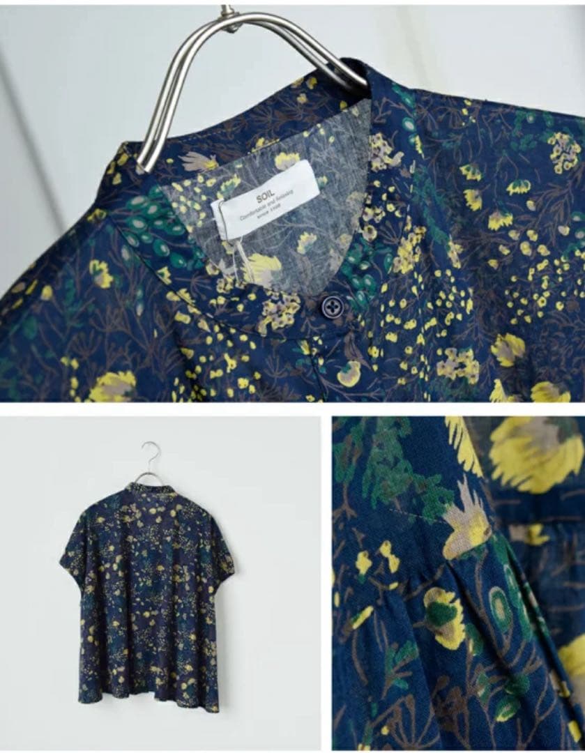 美品☆ SOIL コットン フラワープリント バンドカラー ギャザー シャツ