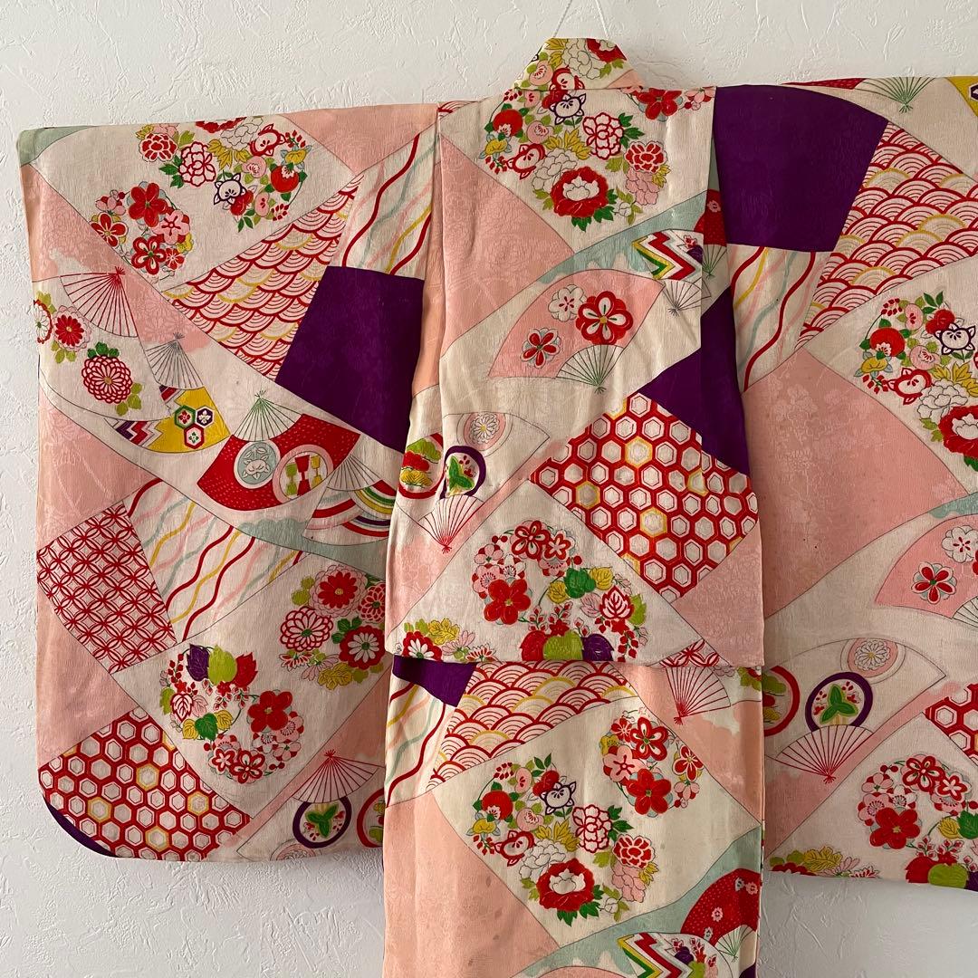 七五三　３歳　女の子　正絹　アンティークお着物　セット　正絹白地の被布コーデ