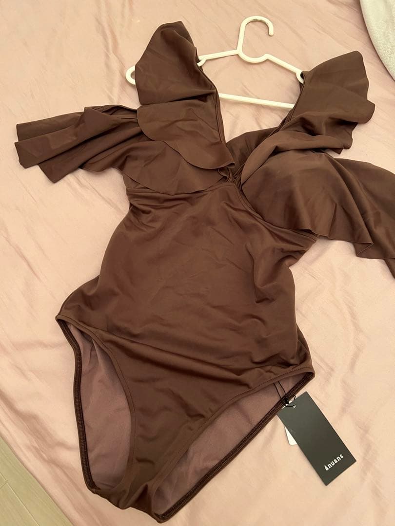 anuans フリルスリーブワンピーススイムウェア ブラウン