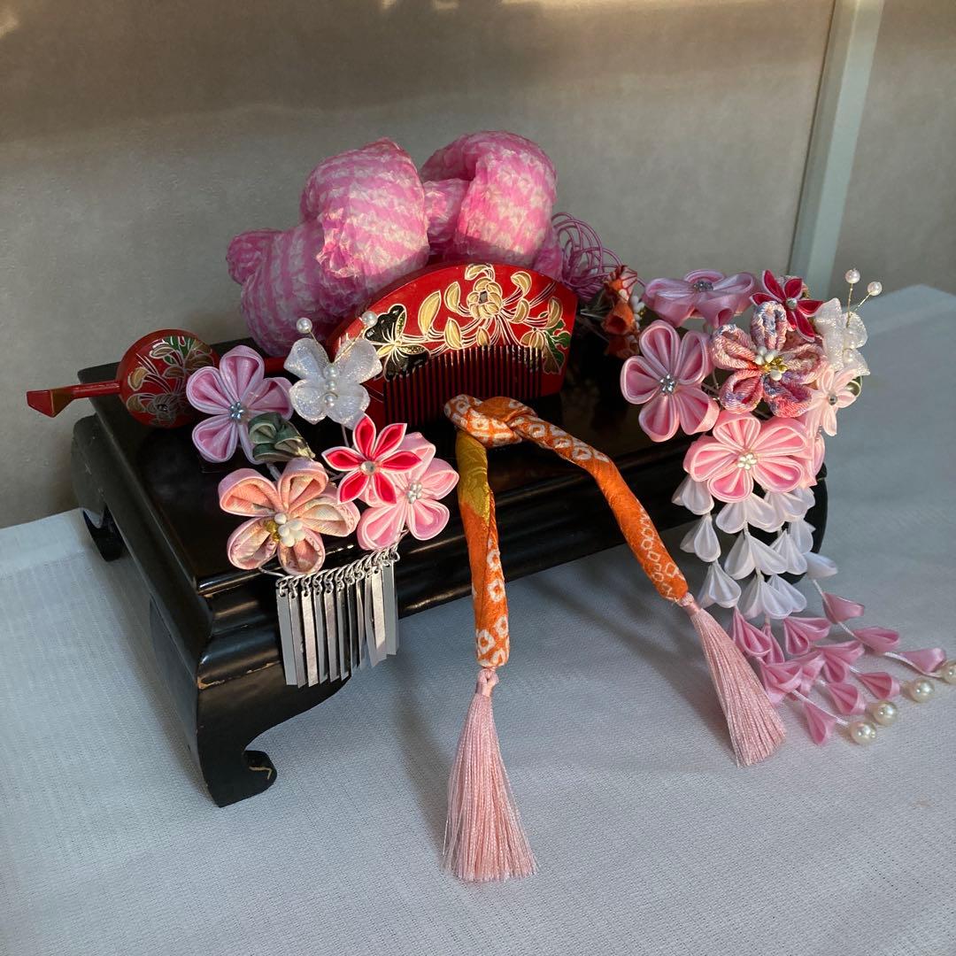 専用　七五三 小さめさん対応　縮緬梅の花簪　櫛平打ち簪　水引ビラ簪　ピンク鹿の子