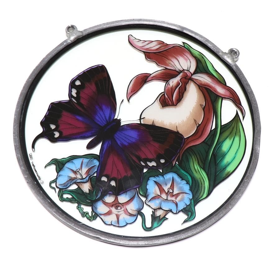 紫色の蝶と花 ヴィンテージ ステンドグラス グラスマスターズ社 バタフライ