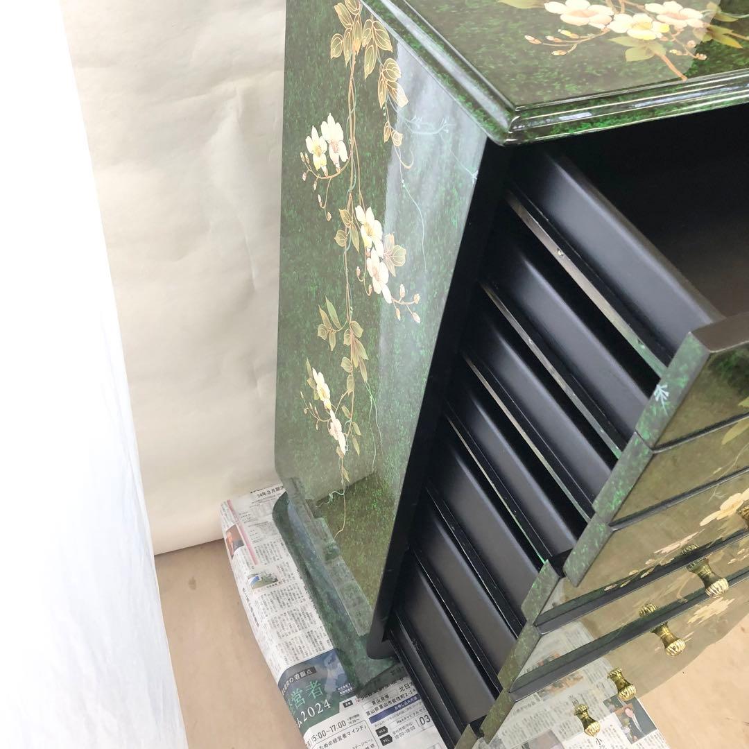 中国美術 シノワズリ様式 花模様 キャビネット 8段チェスト 李朝 緑