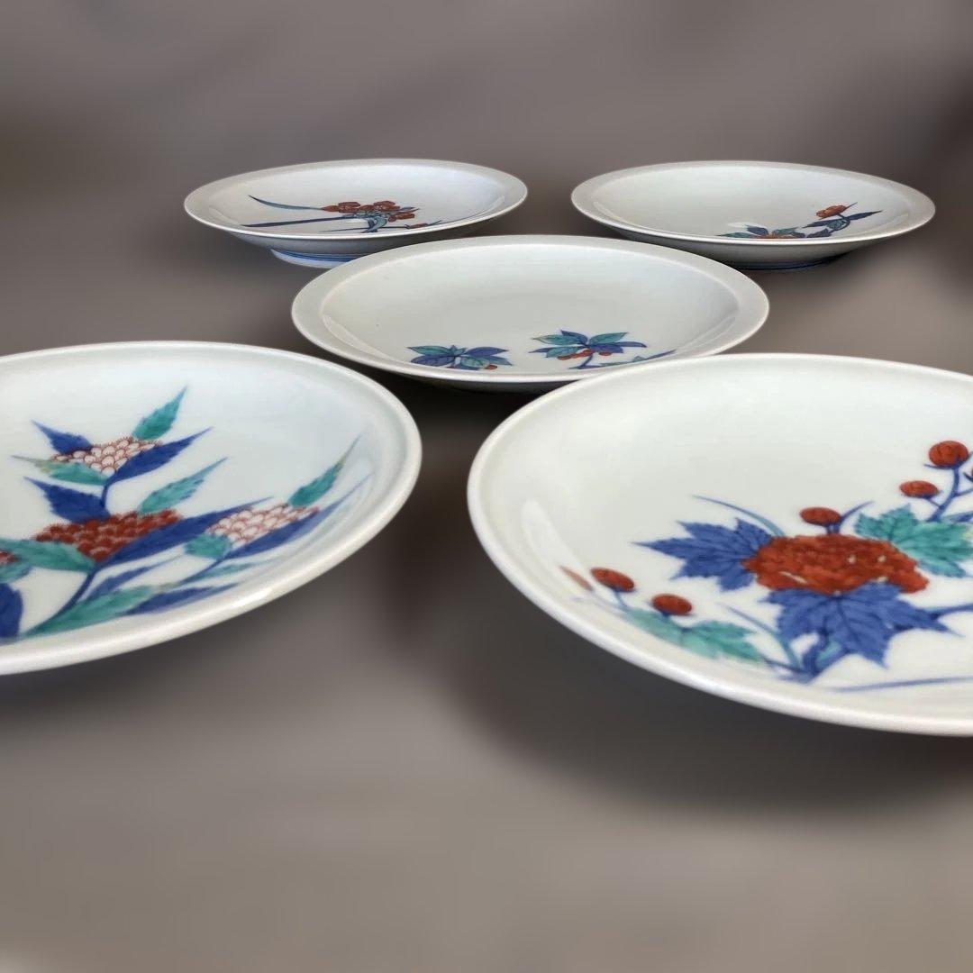 【今右衛門】色鍋島の伝統　人間国宝　十三代今泉今右衛門作　錦絵変り花絵　銘々皿揃