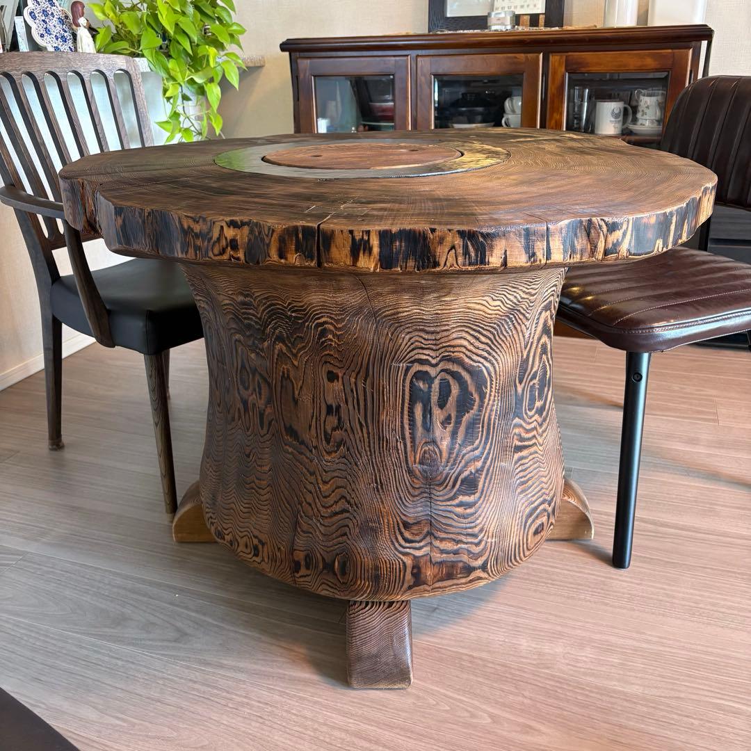 天然木(秋田杉)製　丸テーブル　囲炉裏風ヒーター付