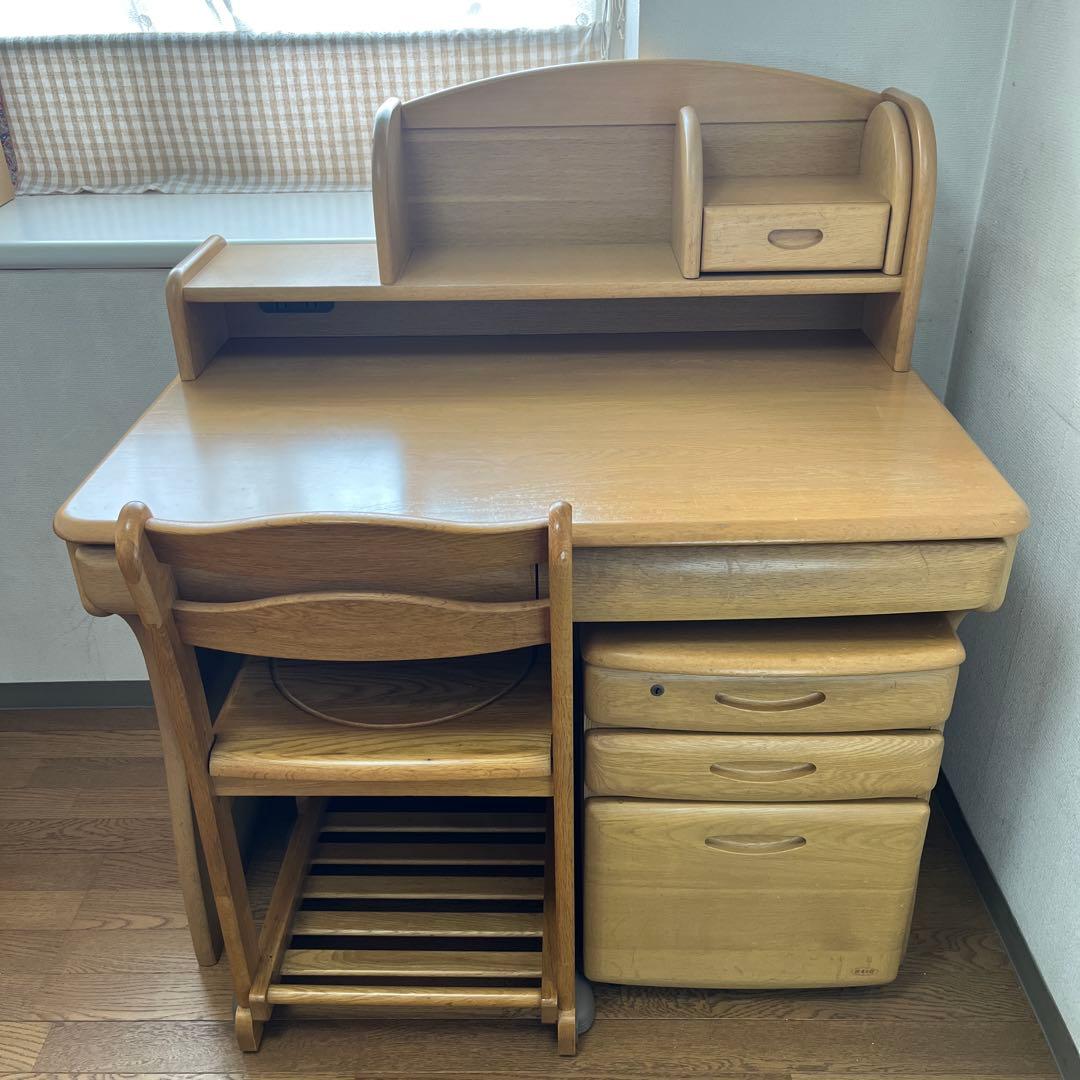 【引き取り限定】浜本工芸　木製学習机 上部棚、袖机、椅子付き