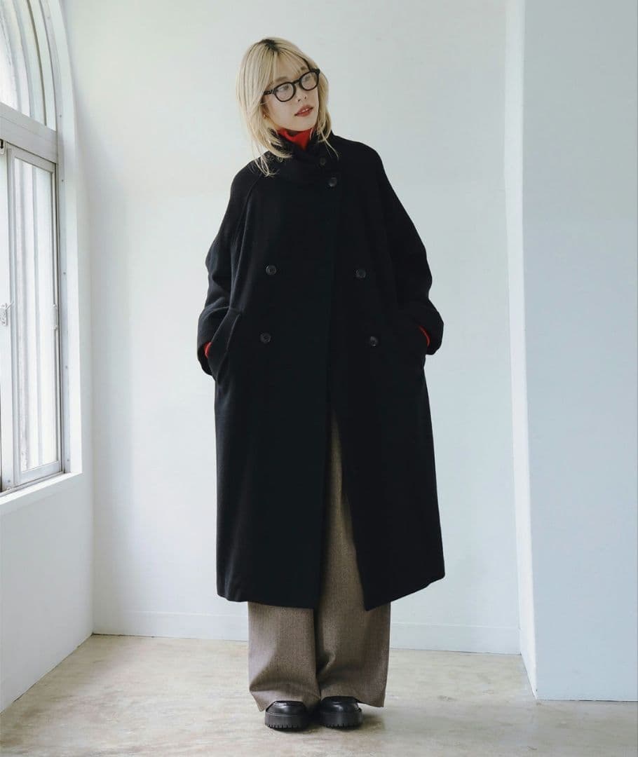 Ray BEAMS スタンドカラー ダブルコート ブラック