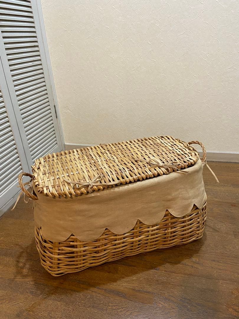 【美品 高級 籐バスケット布カバー付きLサイズ】
