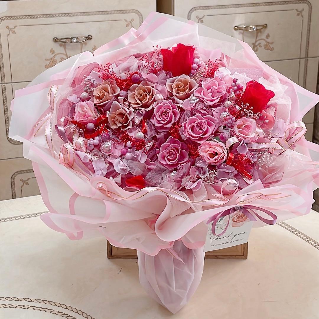 特大✨ボリュームある花束✨ピンク＆ベージュバラプリザ＆アーティフィシャルアレンジ