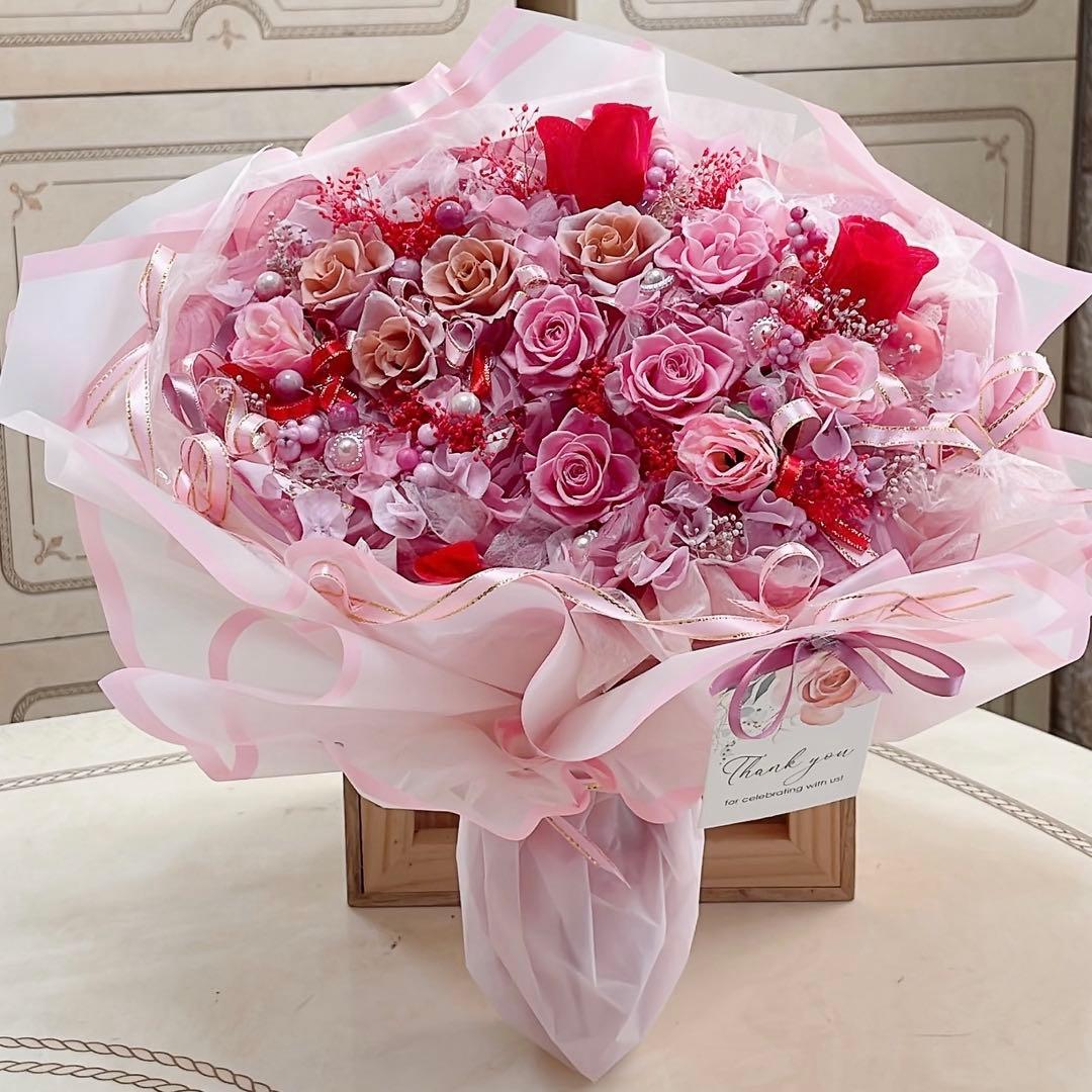 特大✨ボリュームある花束✨ピンク＆ベージュバラプリザ＆アーティフィシャルアレンジ