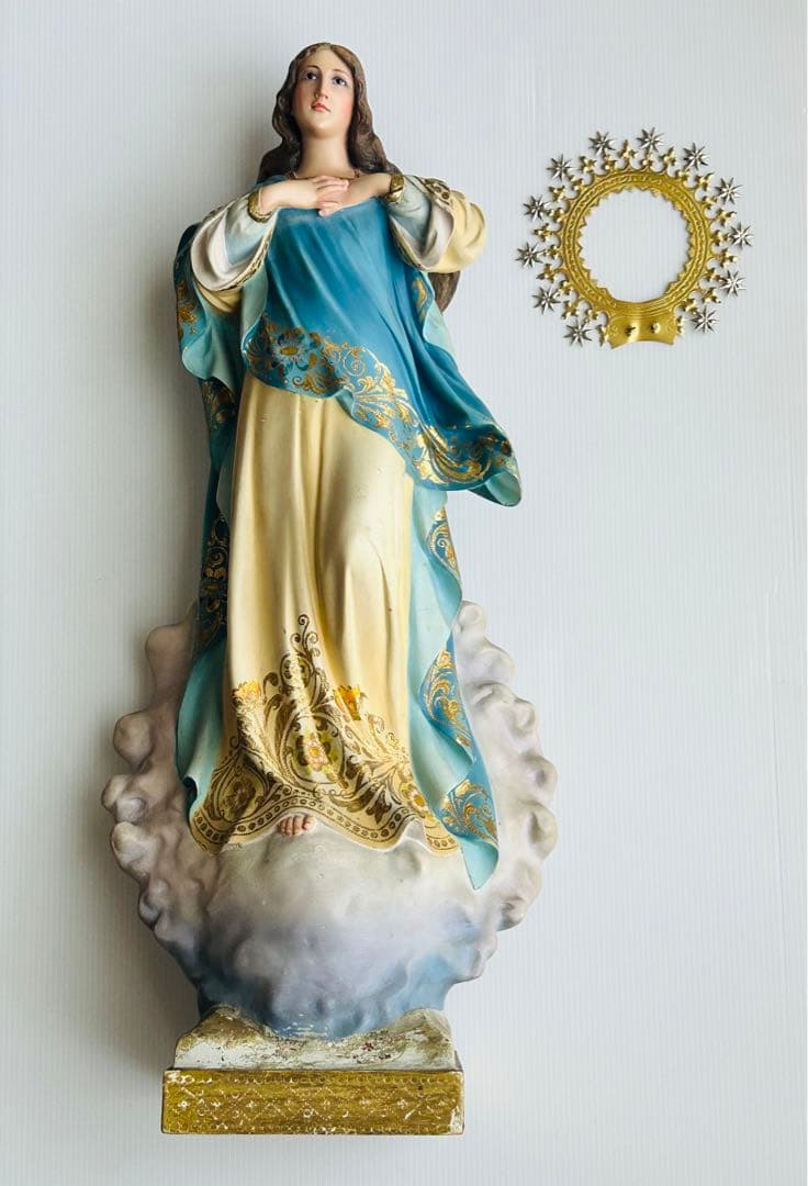 【超超希少美顔】✞無原罪の御宿り 胸に手を当てる聖母マリア像　宗教彫刻